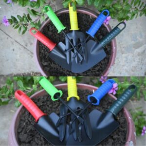 "Colorful 5-Piece Gardening Tool Set with Ergonomic Handles - Includes Small Trowel, Large Trowel, Weeder, Cultivator, and Gardening Fork. Tools with Rust-Free Metal Heads and Comfortable Non-Slip Grips in Green, Yellow, Red, Blue, and Black Handles, Arranged in a Flower Pot with Soil and Flowers."